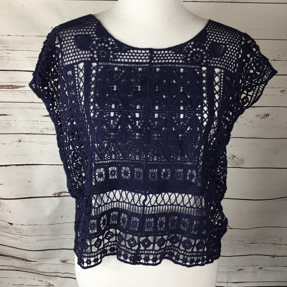 Y2K Crochet Top Boho Cottage Core‎ Women’s Size XS Navy Beach Summer